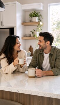 Happy young couple laughing and drinking coffee in a modern kitchen. Man and woman holding mugs and talking at the kitchen island. Vertical portrait of a smiling boyfriend and girlfriend