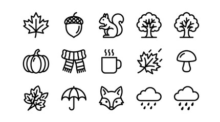 Autumn Icons Set: Maple Leaf, Acorn, Squirrel, Pumpkin, Umbrella, Fox, Clouds © Brian