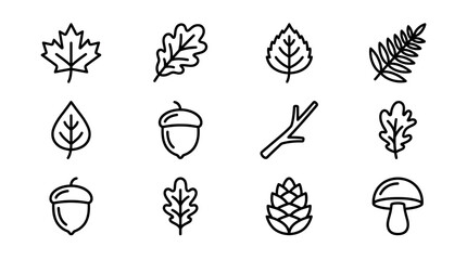 Autumn Nature Icons Set: Leaves, Acorns, Pinecone, Mushroom, Twig - Line Art © Brian