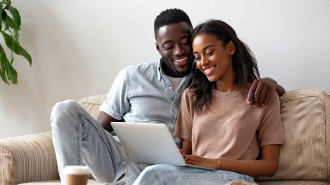 Young african american couple relaxing on a comfortable sofa at home, smiling and interacting with a laptop, sharing a happy moment while browsing or streaming content