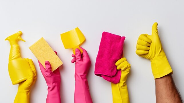 Cleaning team showing thumbs up, holding bright pink and yellow tools, embodying effective hygiene, sanitation, domestic duties, and professional housework service