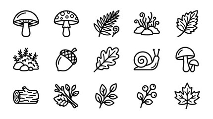 Forest Icons: Mushrooms, Leaves, Acorn, Snail, Fern, Log, Berries - Outline Vector Set © Brian