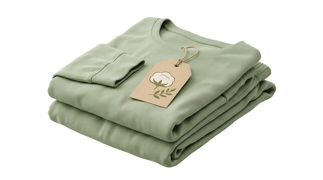 A neat stack of folded sage green clothing with a cotton tag attached on a white background.