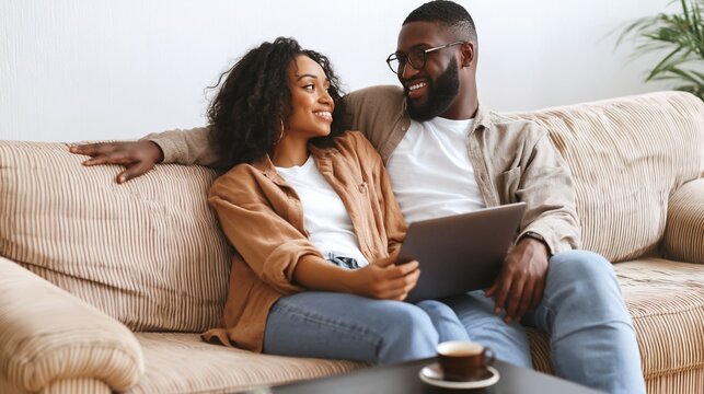 African american couple relaxing on a sofa, looking at each other and smiling while using a laptop, enjoying connectivity and shared leisure time at home