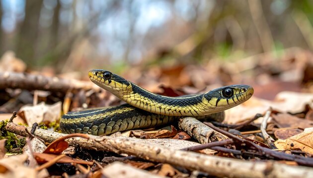 Close up of a green tree python snake camouflaged among leaves.