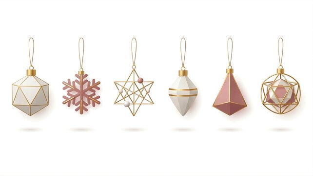  Minimalist isometric 2.5D Christmas ornament set featuring six elegant geometric baubles in matte dusty rose, white, and gold, isolated flat vector illustration on pure white background