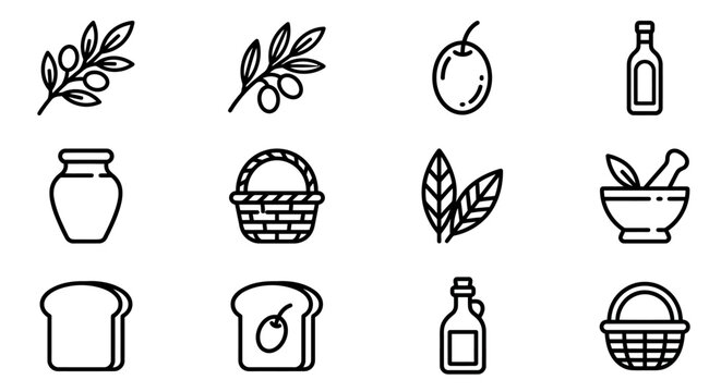 Olive Oil Icons: Branch, Fruit, Bottle, Mortar, Basket, Bread - Line Art Set