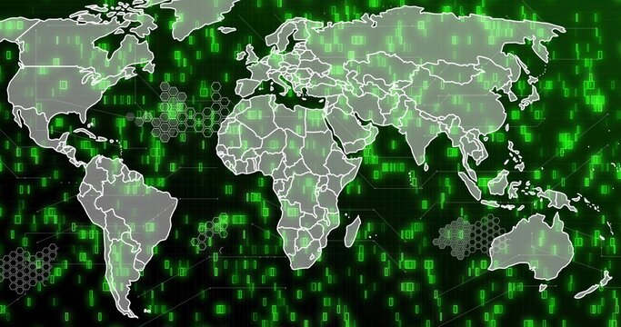 Pulsing neon-green blocks revealing world map, drawing borders, forming hexes showing data network