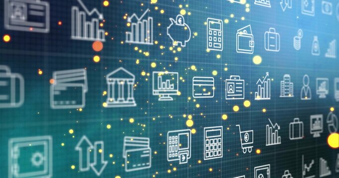 Financial icon grid shifting while camera panning, glowing particles and discs emphasizing charts