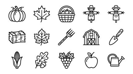 Autumn Harvest Icons: Pumpkin, Scarecrow, Barn, Apple, Grapes, Corn, Leaf, Hay © dinny
