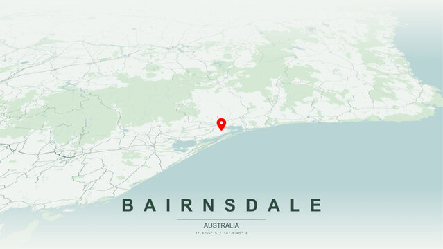 Minimalist vector map of Bairnsdale, Victoria. High-quality scalable illustration of Bairnsdale geographic boundaries along the Mitchell River contours leading to Gippsland Lakes for posters design.