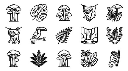 Obraz premium Jungle Icons: Monkey, Toucan, Waterfall, Plants, Mushrooms, Trees