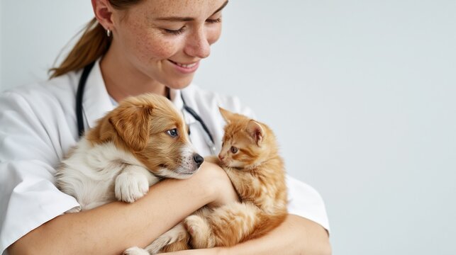 Young female veterinarian gently holding a cute puppy and an adorable kitten, demonstrating compassionate animal care and dedication to pet health and welfare