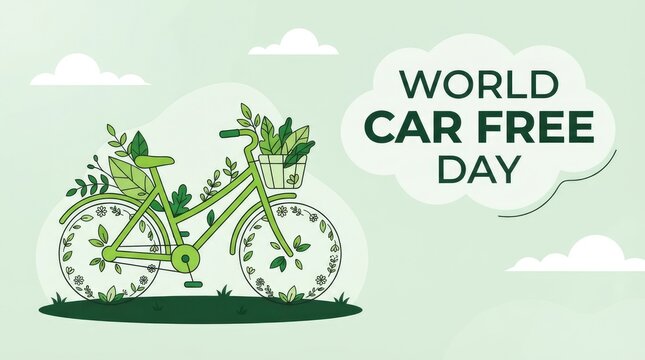 A conceptual illustration featuring a green bicycle made of plants and leaves to celebrate the annual global event known as world car free day together