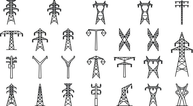 Large set of various electrical power transmission tower and line electricity pylon