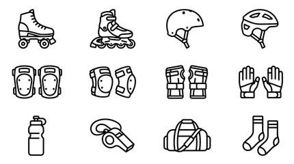 Obraz premium Inline Skating and Roller Skating Equipment Icons: Safety Gear, Boots, Water Bottle, Whistle, Bag, Socks