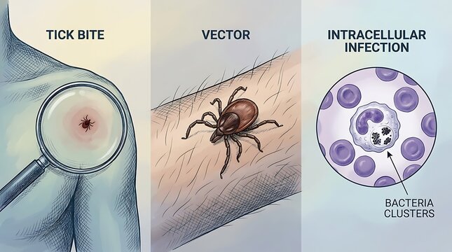 Medical illustration of a tick bite, the tick vector, and an intracellular bacterial infection