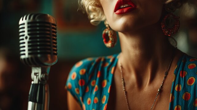 Glamorous female singer with blonde hair and red lipstick performing jazz music on stage, creating a soulful retro atmosphere