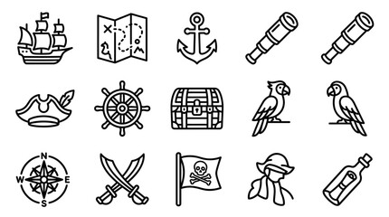Pirate Icons Set: Ship, Treasure Map, Anchor, Spyglass, Chest, Parrot, Compass