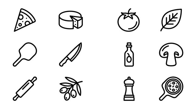 Pizza Ingredients Icons: Slice, Cheese, Tomato, Basil, Olive Oil, Mushroom, Olives, Knife, Roller
