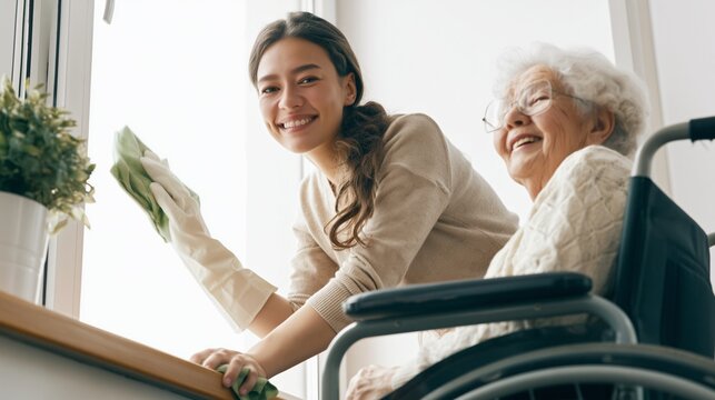 Young woman providing care, assisting senior grandmother in wheelchair, helping with house cleaning, both smiling and sharing a happy moment at home