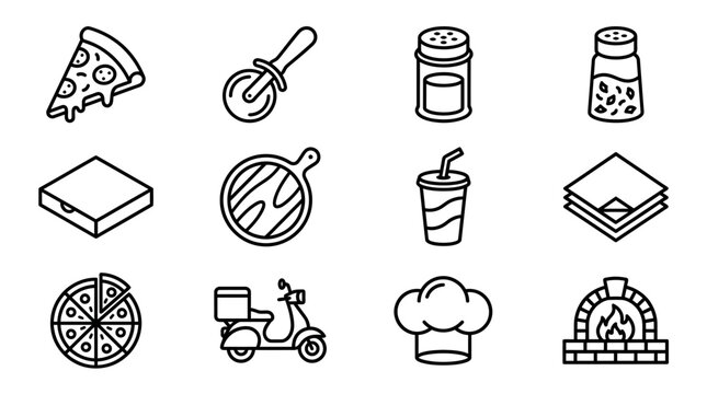 Pizza Icons Set: Slice, Delivery, Oven, Chef Hat, Drinks, Condiments, Box