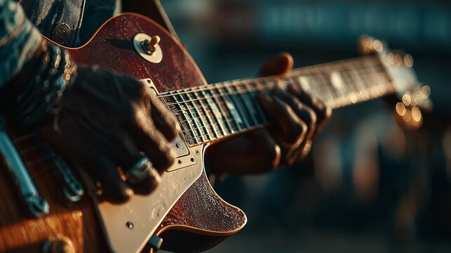 Musician's hands skillfully playing electric guitar on stage during a live concert, strumming strings and forming chords for a rock or blues performance