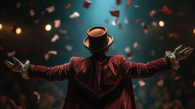 Master of ceremonies on stage with arms wide under a spotlight as red and white confetti rains down, evoking celebration, showmanship and dramatic theatrical triumph