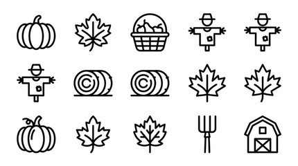 Autumn Harvest Icons: Pumpkin, Maple Leaf, Scarecrow, Hay Bale, Barn and Pitchfork © Brian