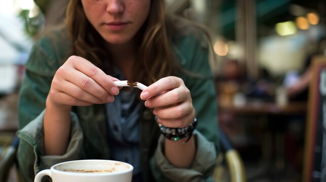 Young woman breaking a cigarette in front of a coffee cup at an outdoor cafe, symbolizing quitting smoking and overcoming addiction with determination