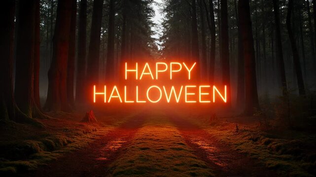 Happy halloween neon sign glowing in a dark, misty, and mysterious forest path at night
