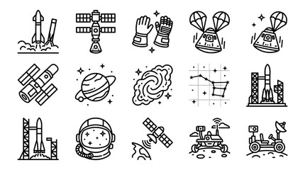 Space Exploration Icons: Rockets, Astronaut, Satellites, Planets, Rover, Nebula © Brian