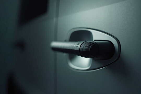 Close-up of modern metallic car door handle with sleek textured design on grey vehicle exterior showing automotive detail