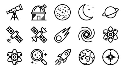 Space Exploration Icons: Telescope, Satellite, Rocket, Planet, Moon, Stars, Galaxy © Brian