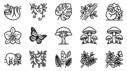 Jungle Icons Set: Sloth, Liana, Leaf, Tree, Butterfly, Mushroom, Orchid