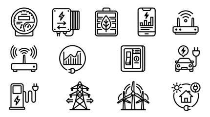 Smart Grid Technology Icons: Energy Meter, EV Charger, Wind Turbine, Battery, Router © Brian