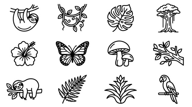 Jungle Icons: Sloth, Butterfly, Tropical Plants, Parrot, Tree, Flower, Mushroom