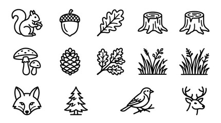 Forest Animals and Nature Icons: Squirrel, Fox, Deer, Bird, Mushroom, Acorn, Pinecone © Brian