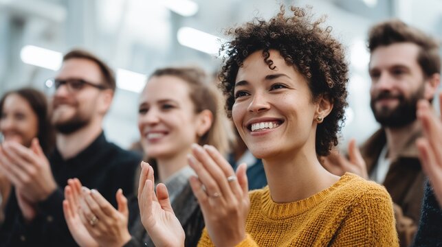 Happy diverse audience of business people clapping hands, showing support, success, and achievement at a conference or event