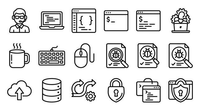 Software Development Icons: Coding, Debugging, Security, and Cloud Services