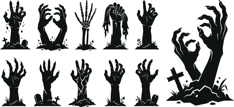 Set of spooky zombie hand silhouettes reaching out from the ground for halloween decoration