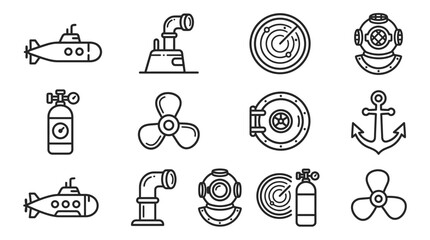 Nautical Icons: Submarine, Diver Helmet, Anchor, Propeller, Radar, Oxygen Tank © Brian