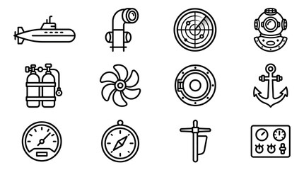 Nautical Icons Set: Submarine, Diver, Radar, Anchor, Compass, Propeller © Brian