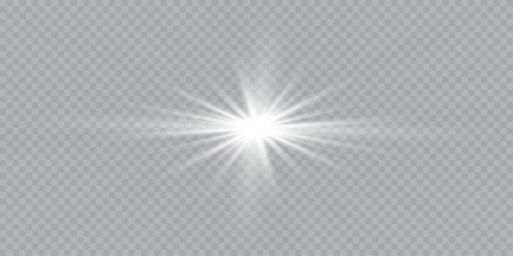 Abstract glow star, white shine light, starburst beam sunshine glowing isolated image. Soft glow without departing rays, sunlight with lens flare effect. Realistic silver sun ray. Vector illustration.