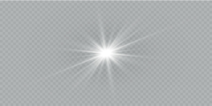 Abstract glow star, white shine light, starburst beam sunshine glowing isolated image. Soft glow without departing rays, sunlight with lens flare effect. Realistic silver sun ray. Vector illustration.
