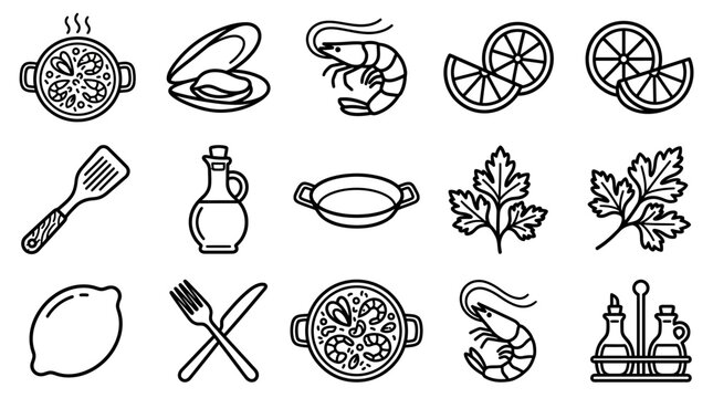 Seafood Paella Ingredients and Cooking Icons Set: Shrimp, Lemon, Parsley, Olive Oil