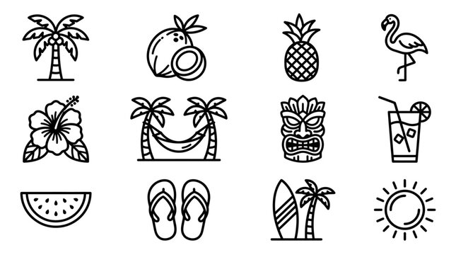 Tropical Summer Vacation Icons: Palm Trees, Coconut, Pineapple, Flamingo, Hibiscus, Tiki