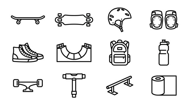 Skateboarding Icons: Skateboard, Longboard, Helmet, Pads, Shoes, Ramp, Backpack, Bottle