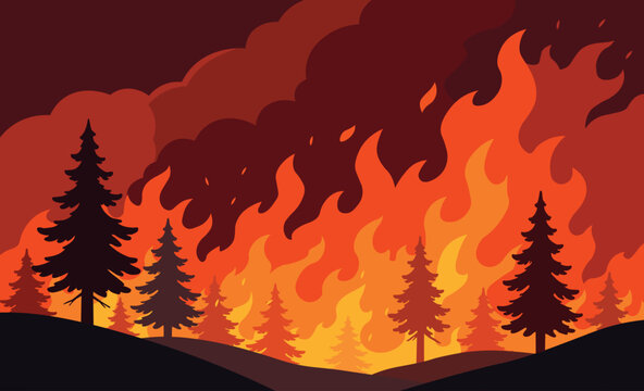 A dramatic flat vector illustration of a forest wildfire with towering flames, thick smoke, and silhouetted pine trees. Perfect for themes related to climate change, natural disasters