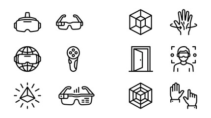Virtual Reality Icons: VR headset, augmented reality glasses, 3D cube, hand gestures, controller, metaverse © Brian